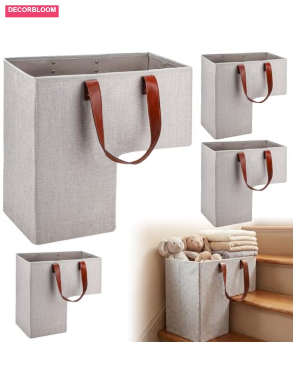 4 Pack Foldable Stair Baskets with Handles, Linen Storage Bins for Organization
